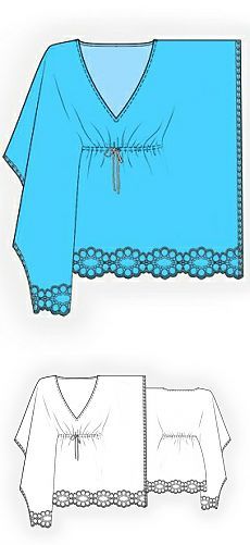 a blue top with lace trims on the front and back, as well as an image of a woman's blouse