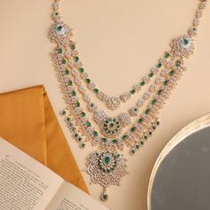 Buy Vajrama Grand Layered Silver Long Necklace | Paksha Silver Long Necklace, Bridal Trousseau, Long Silver Necklace, Green Gemstones, Floral Motifs, Gold Plated Silver, Shine Bright, Floral Motif, Long Necklace