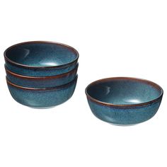 three blue bowls sitting next to each other