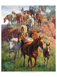 a painting of horses and foals in a field