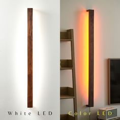 two different views of the same room with white walls and wood floors, one in color led