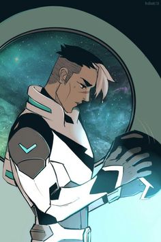 an animated man holding something in his hand and looking into the distance with space behind him