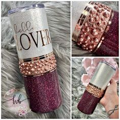 this tumble cup has been decorated with pink and gold glitters, while the words love are