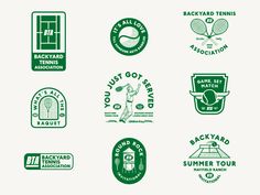 six different logos for tennis and other sports related items, all in green on white