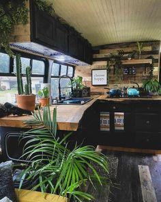 a kitchen area with plants in pots on the counter and an rv parked behind it