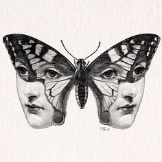 a black and white drawing of two faces with a butterfly on their face, the other half of which has an image of a man's face