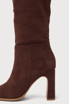 Strut into any room with effortless style with the Lulus Ceceliaa Dark Brown Suede Square Toe Knee-High Boots! Soft faux suede shapes these must-have boots that start with a squared-toe upper that rises to 16"" knee-high shaft with a 15"" circumference and an 18"" zipper at the instep. A sculpted block heel completes the effortlessly chic design! 3. 75" sculpted block heel. Lightly cushioned insole. Felted rubber sole has nonskid markings. All Man Made Materials. Imported. Lulus | Ceceliaa Dark Brown Square, Lulu Fashion, Square Toe Boots, Toe Boots, Heel Boots, High Heel Boots, Chic Design, Brown Suede, Knee High Boots