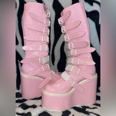 Pink Holographic Trinity Platform Boots (Brand Demonia) Original $150- Size 9 Women's (Fit 7.5-9) (I’m A 7.5 They Fit Me Fine) Worn Twice Good Condition No Box Open To Reasonable Offers Pink Holographic, Demonia Shoes, Boot Brands, Platform Boots, Women Shoes, The Originals, Boots, Plus Fashion, Pink