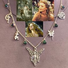 a collage of pictures with different necklaces and charms on it's sides