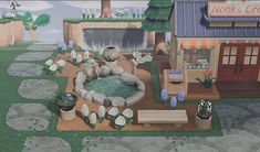 a painting of a small pond in front of a store with succulents and cacti