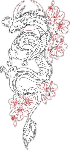 a drawing of a dragon with red flowers on it's tail and head in the center