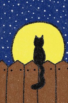 a drawing of a cat sitting on top of a fence with the moon in the background