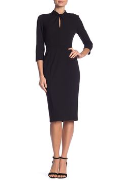 A twist neckline and sheath silhouette with hidden back-zip closure unite to make the perfect day-to-night three-quarter sleeve dress. 43" length (size 8) Twisted neckline 
 Three-quarter sleeves 96% polyester, 4% spandex Machine wash cold, line dry 
 Imported Model stats: 5'10", 32" bust, 25" waist, 36" hip. Model is wearing size 8. Lawyer Fits, Winter Outfits For School, Teacher Clothes, Three Quarter Sleeve Dresses, Office Dress, Daytime Dresses, Blouson Dress, Midi Sheath Dress, Classy Dress