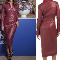 a woman in a red leather dress next to a photo of a model wearing a burgundy coat and skirt