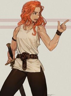 a drawing of a woman with red hair holding two swords and pointing to the side