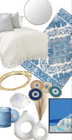 a blue and white bedroom with accessories on the floor