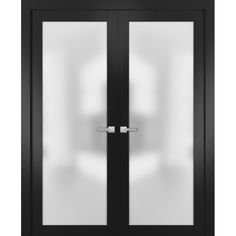 an open black double door with frosted glass