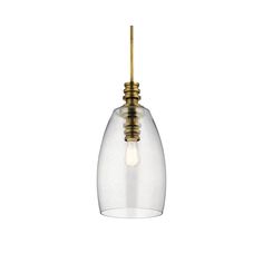 a small glass light hanging from a brass colored ceiling fixture with a single bulb on the end