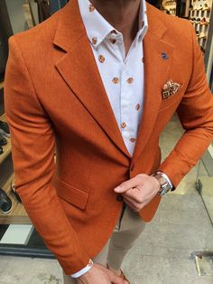 Buy Cinnamon Slim Fit Blazer by GentWith.com with Free Shipping Orange Blazer Outfits Men, Brown Semi-formal Suits For Spring, Brown Business Suits For Spring, Fitted Orange Outerwear With Notch Lapel, Fitted Orange Suits For Fall, Brown Single Button Long Sleeve Suit, Brown Fall Suits With Lapel Collar, Brown Long Sleeve Suit For Fall, Formal Fitted Orange Outerwear