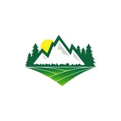 the mountains and trees are depicted in this green, white and yellow logo for a company