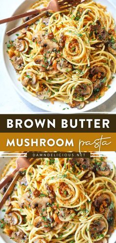 brown butter mushroom pasta in a white bowl with chopsticks on the side and an overhead view