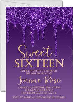 Purple And Gold Sweet 16 Party Invitations Royal Purple Sweet 16, Sweet 16 Purple And Gold Theme, Sweet 16 Party Ideas Purple And Gold, Purple Sweet 16 Decorations Ideas, Purple Birthday Card Ideas, Purple And Gold Sweet 16, Sweet 16 Invitation Ideas, 16 Birthday Party Invitations, 16 Party Invitations