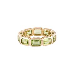 Band Width: 5.3mm Metal Type: 14K Yellow Gold Total Item Weight (g): 4.2 Gemstone: Peridot Carat Weight: 6.20 Stone Count: 10 Stone Shape: Emerald Cut Stone Color: Green Green Baguette Cut Stackable Rings, Stackable Yellow Gold Peridot Jewelry, Yellow Gold Stackable Rings With Peridot, Elegant Peridot Gemstone Stackable Rings, Peridot Wedding Band, August Birthstone Ring, Wedding Ring For Women, August Birthstone, Peridot Ring