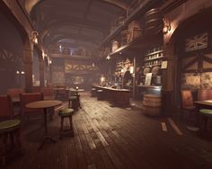 an old fashioned bar with wooden tables and stools in the middle of a room