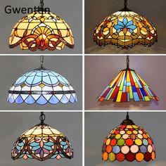 four different types of stained glass hanging lights