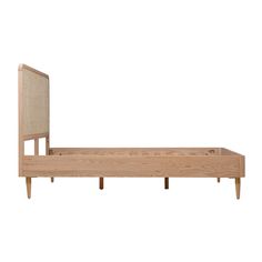 a wooden bed frame with an upholstered headboard and foot board on one end