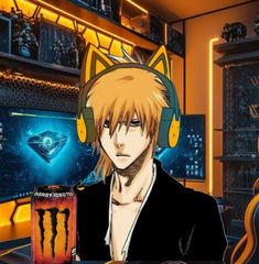 an anime character wearing headphones in front of a computer screen