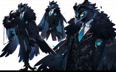 some sort of black bird with blue eyes wearing a suit and tie, standing next to each other