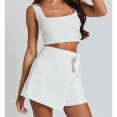 Linen Look Square Neck Crop Top And Tie Waist Skort Set In White Fitted Cropped White Shorts, White Fitted Cropped Shorts, Chic Fitted Cropped Shorts, Skort Set, Distressed Skirt, Wrap Skort, Tiered Mini Skirt, Flounce Skirt, Blue Mini Skirt