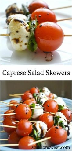 different types of skewers with tomatoes and mozzarella cheese on them are shown here