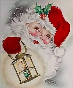 an old fashioned christmas card with santa claus holding a lantern