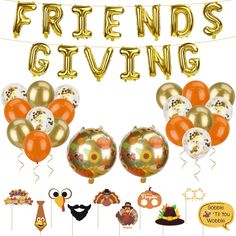 a bunch of balloons that say friends giving