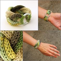 four pictures of different bracelets and rings made from knitted material, including yarn