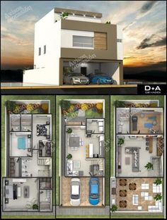 three story house plan with 3 car garages and 2 bedroom apartment in the background