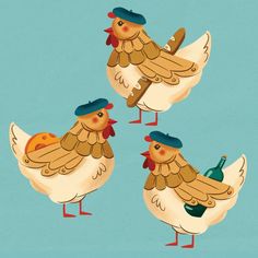 three chickens with hats on their heads, one holding a bottle and the other wearing a hat