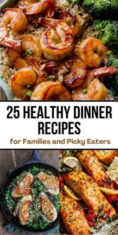 the cover of 25 healthy dinner recipes for families and picky eaters, including shrimp