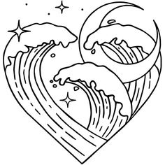 a heart shaped drawing with waves and stars