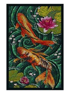 two koi fish swimming in the water with lily flowers framed print by anana art