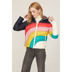 Multicolored nylon (100% Recycled Nylon). Puffer. Long sleeves. Mock neck. Front zipper closure. 24" from shoulder to hemline. Imported. Spring Nylon Outerwear With Patchwork, Spring Nylon Puffer Jacket With Long Sleeves, Multicolor Long Sleeve Puffer Jacket For Spring, Spring Long-sleeve Nylon Puffer Jacket, Long Sleeve Nylon Puffer Jacket For Spring, Spring Long Sleeve Nylon Puffer Jacket, Multicolor Spring Puffer Jacket, Spring Nylon Color Block Outerwear, Multicolor Puffer Outerwear For Spring