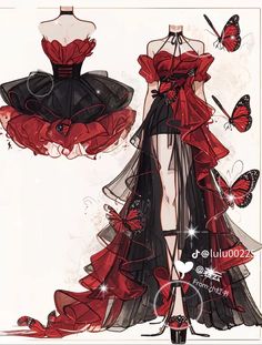 a drawing of a red and black dress with butterflies on the skirt, as well as an image of a butterfly