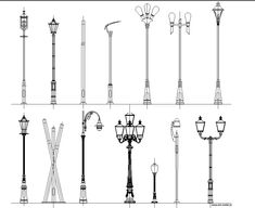 the different types of street lamps are shown in this drawing form, including one light pole and