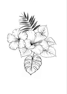 a black and white drawing of some flowers