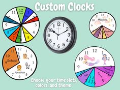 a clock that has different colors and numbers on it with the words custom clocks below