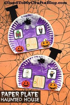 two paper plates with halloween decorations on them, one is purple and the other is white