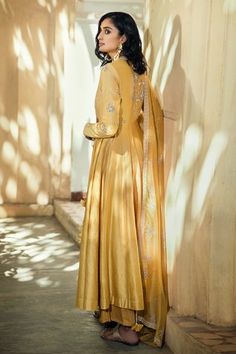 Shop for Matsya Yellow Chanderi Silk Angrakha Set for Women Online at Aza Fashions Yellow Anarkali, Silk Kurta Set, Blouse Yoke, Zardozi Embroidery, Embroidered Suit, Silk Kurta, Organza Dupatta, Embroidered Neckline, Indian Designer Outfits