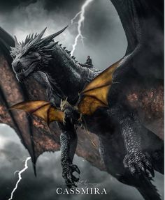 a black dragon with yellow wings flying through the air in front of a cloudy sky